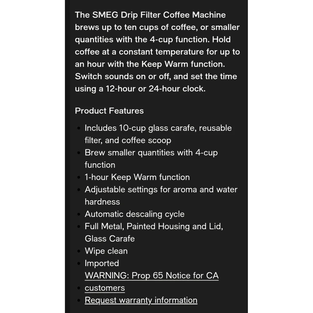 NIB SMEG 50's Retro Style Drip Filter Coffee Machine Pink DCF02PKUS 10-Cup